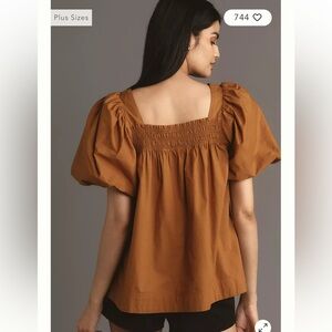 Anthropologie Puff Sleeve Smocked Elegant Brown Top